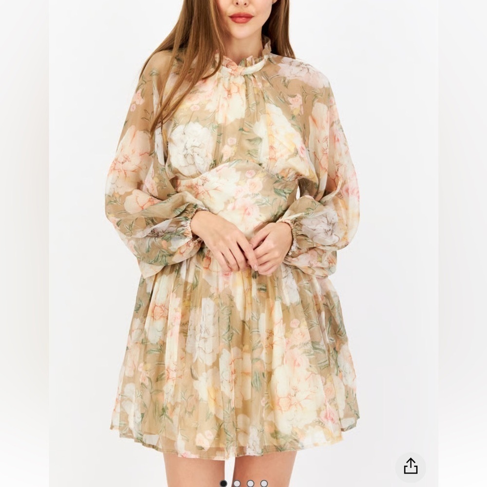 O.P.T Women Rutfle Neck Long Sleeves Printed Mini Dress, Green Flowers